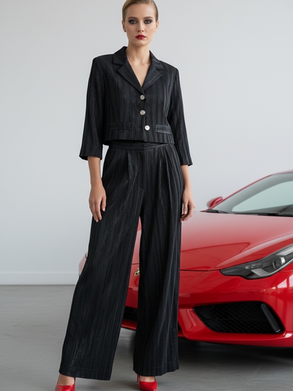 Dani Michaels Vintage Black Pinstripe Cropped Blazer with Wide-Leg Trousers